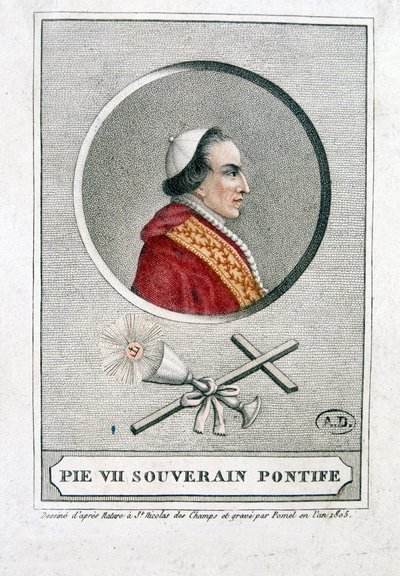 Portret van Pius VII (1742 - 1823) in medaillon - gravure door Unknown artist