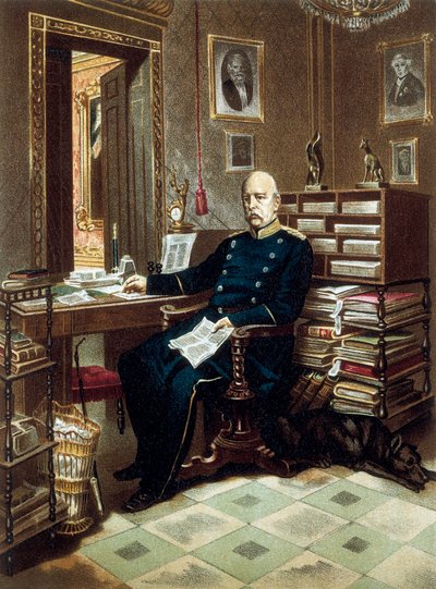 Portret van prins Otto von Bismarck (1815-1898), kanselier en Pruisische politicus, in zijn kantoor. Lithografie in kleur door Unknown artist