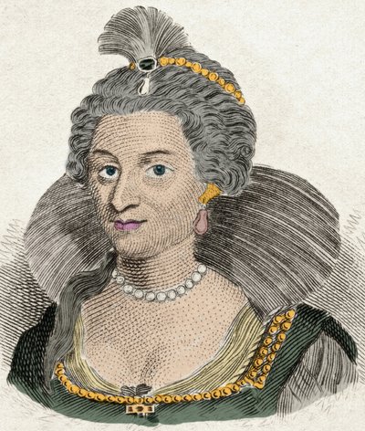 Portret van koningin Anna van Denemarken, koningin van Engeland (1574-1619), echtgenote van koning James I van Engeland (1566-1625). Gravure uit de 19e eeuw door Unknown artist