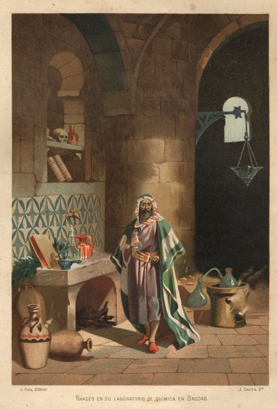 Portret van Rhases (Rhazes, Razi, Al-Razi, Razis, of Rases) (840-923) Perzische wetenschapper) in zijn laboratorium in Bagdad. Barcelona 1881 door Unknown artist