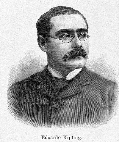 Portret van Rudyard Kipling (1865-1936), Britse romanschrijver en dichter, gravure 19e eeuw. door Unknown artist