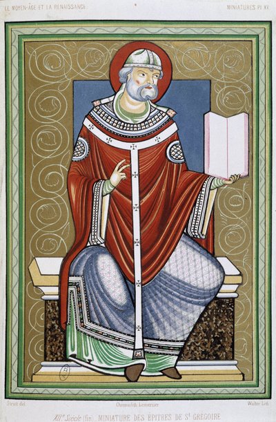 Portret van Sint Gregorius, chromo 19e eeuw van miniatuur van de Epistels van Sint Gregorius door Unknown artist