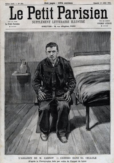 Portret van Sante Caserio (1873-1894) Italiaanse anarchist, moordenaar van Sadi Carnot, in de gevangenis. Gravure in 