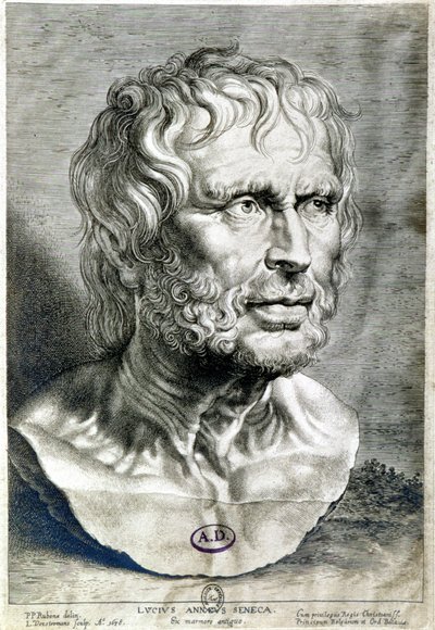 Portret van Seneca (Lucius Annaeus Seneca, 4 v.Chr.-65 n.Chr.), filosoof van de Stoïcijnse school, toneelschrijver en Romeins staatsman - Gravure 1638 - Coll Maciet, Bibliotheek van Decoratieve Kunsten, Parijs door Unknown artist