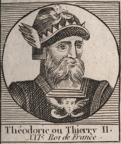 Portret van Thierry II (587-613) koning van de Franken van Austrasië en Bourgondië van 595 tot 613 - THIERRY II (Theuderic of Theuderich, Theoderic, of Theodoric II) koning van Bourgondië en Austrasië - gravure uit 