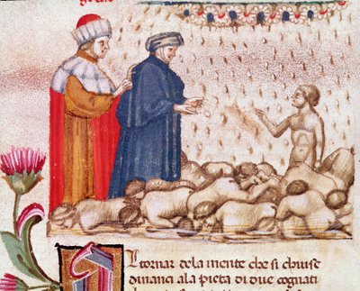 Portret van de Italiaanse dichter Dante Alighieri in de kring van de gulzigheid (lied 6 uit de Hel, in de Goddelijke Komedie) - miniatuur 15e eeuw door Unknown artist