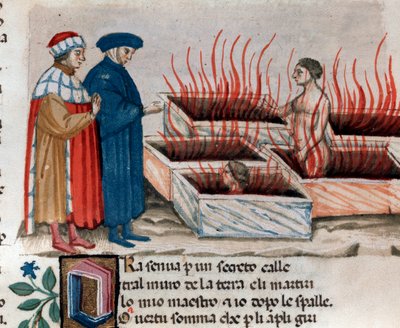 Portret van de Italiaanse dichter Dante Alighieri met Vergilius onder ketters zoals Farinata degli Uberti (lied 10 uit de Hel, in de Goddelijke Komedie) - miniatuur 15e eeuw door Unknown artist