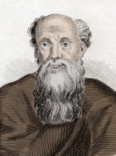 Portret van de Griekse filosoof Democritus (460-370 v.Chr), Democritus van Abdere. Gravure uit de 19e eeuw. door Unknown artist