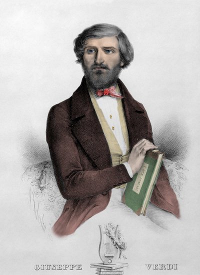 Portret van de Italiaanse componist Giuseppe Verdi (1813 - 1901) met de partituur voor 