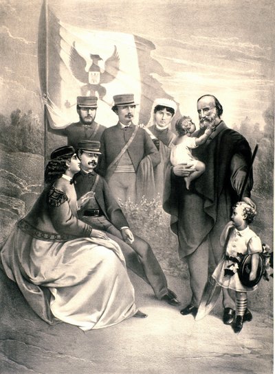 Portret van de Italiaanse patriot en held van de Risorgimento Giuseppe Garibaldi (1807-1882) met zijn kinderen Menotti, Ricciotti, Teresita, Francesca Armosino, Manlio en Clelia. Illustratie rond 1870. Privécollectie door Unknown artist