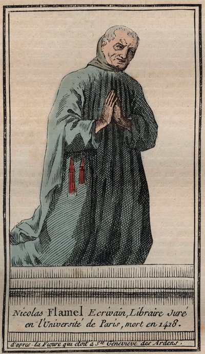 Portret van de Franse alchemist Nicolas Flamel (1330-1418) - Gravure - Portret van de Engelse alchemist Nicolas Flamel - Gravure Privécollectie door Unknown artist