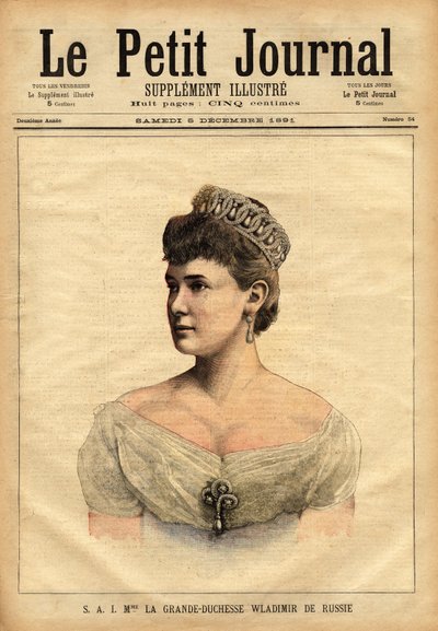 Portret van de grote hertogin Vladimir van Rusland, geboren in 1854, prinses Maria van Mecklenburg-Schwerin en getrouwd in 1874 met de jongere broer van de tsaar, groothertog Vladimir Alexandrovich Romanov (1847-1909). Gravure in 