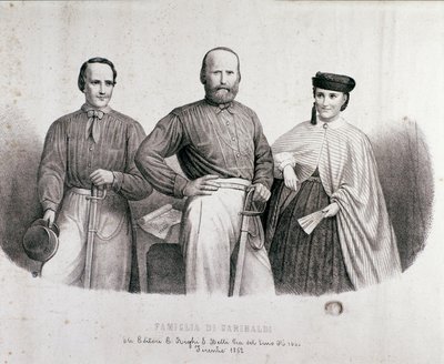 Portret van de patriot en held van de Risorgimento Giuseppe Garibaldi (1807-1882) tussen Teresita, zijn dochter en zijn vrouw Stefano Canzio. Lithografie van 1862. Privécollectie door Unknown artist