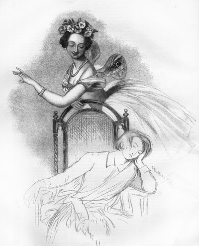 Portret gepubliceerd bij de dood van Marie Taglioni (1804-1884) Franse romantische ballerina hier afgebeeld in de rol van de fee Sylphide in "Zephire et Flore" door Charles Louis Didelot. Gravure in "Le Monde Illustré" door Unknown artist
