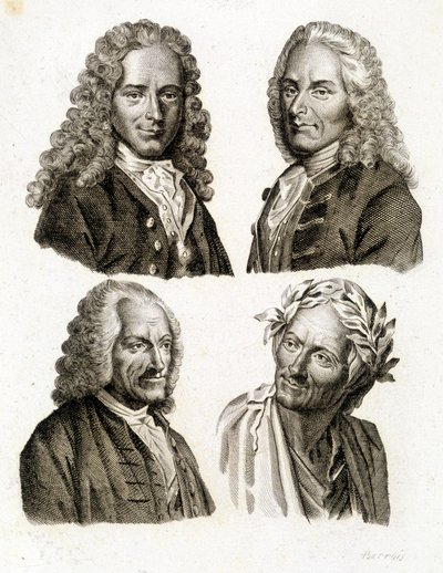 Portretten van Voltaire op verschillende leeftijden - gravure door Unknown artist