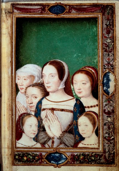 Portretten van de dochters van Francois I en zijn twee vrouwen. Meisjes: Louise (1515 - 1517), Charlotte (1516 - 1524), Madeleine (1520-1537), Marguerite (1523-1574). Claude van Frankrijk (1499-1524) en Eleonore van Habsburg (1498 - 1558). Miniatuur in 