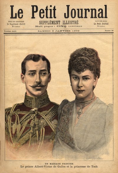Portretten ter gelegenheid van de aankondiging van hun huwelijk, van prins Albert Victor, hertog van Clarence en Avondale met Mary van Teck, Le Petit Journal, 9/01/1892. door Unknown artist