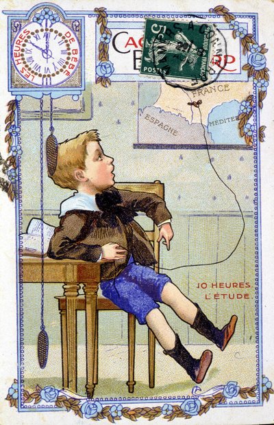 Ansichtkaart die de dag van een kind toont. Om 10:00 uur is het kind op school. door Unknown artist