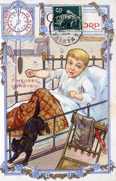Ansichtkaart die het verloop van de dag van een kind toont. Om 7 uur wordt het kind wakker. door Unknown artist