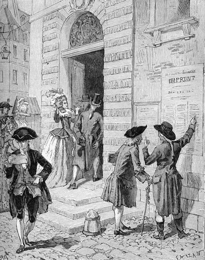 Poster geplaatst door de minister en algemeen controleur van financiën Charles Alexandre de Calonne (1734-1802) en aanmoediging tot een lening. Gravure uit de 19e eeuw. In Histoire de France door Jules Michelet door Unknown artist