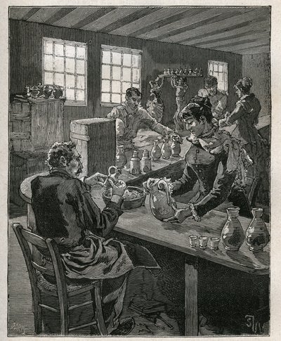 Aardewerk: vullen van aardewerk. Gravure uit 1885 in 