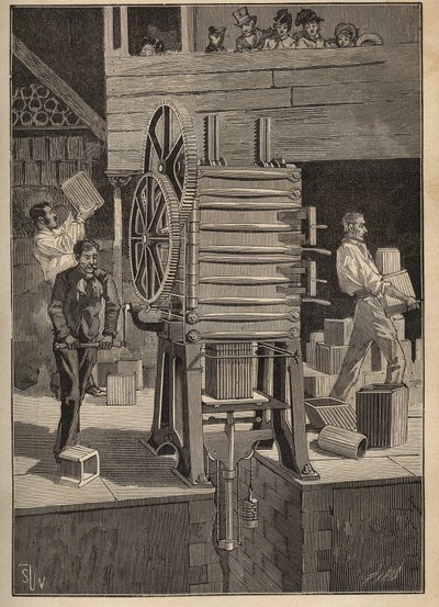 Aardewerk: mechanische vormgeving van holle delen. Gravure uit 1885 in 