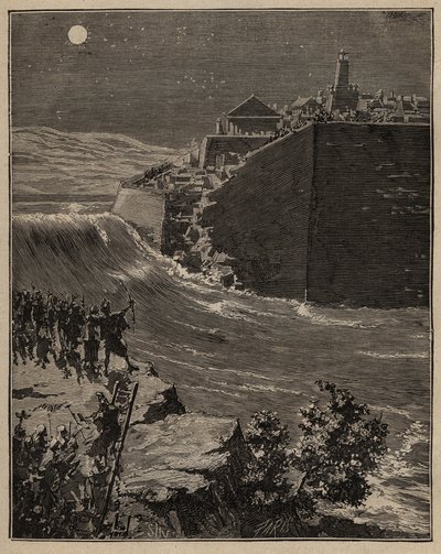 Pottenbakkerij: ruwe bakstenen in het oude Griekenland. Het leger van Pausanias (5e eeuw v.Chr.) leidt de loop van een rivier om om de muren van ruwe baksteen die de stad Mantinea beschermen te vernietigen. Gravure uit 1885 in 