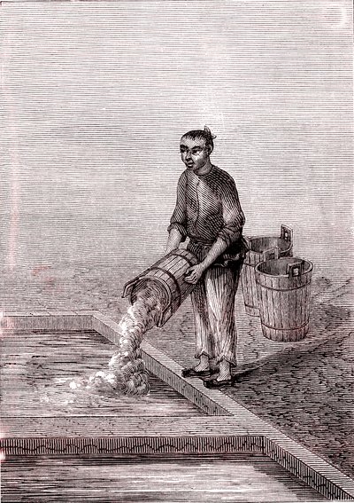 Kalk in het bekken gieten, papierfabricage in China (3e eeuw v.Chr.) (gravure door Unknown Artist