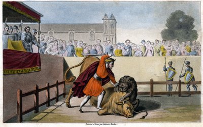 Pepijn de Korte doodt een leeuw die vecht met een stier - gravure door Unknown artist