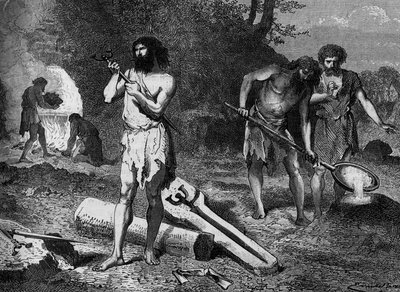 Prehistorie - de eerste metallurgen van de Bronstijd: het maken van brons. Gravure in 