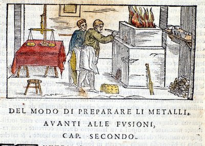 Voorbereiding van metaal voor smelten - in Pirotechnia van Biringuccio door Unknown artist