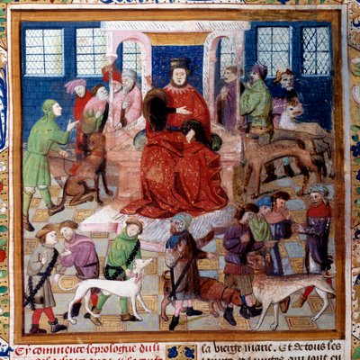 Presentatie van de honden aan de Graaf van Foix Miniatuur uit 