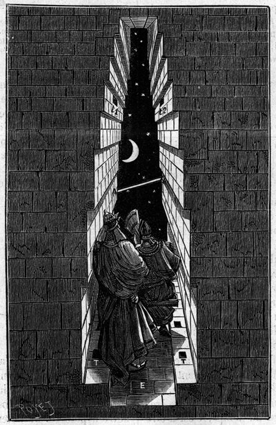Priesters van het oude Egypte observeren de sterren in de Grote Piramide van Cheops in Gizeh. Gravure in 