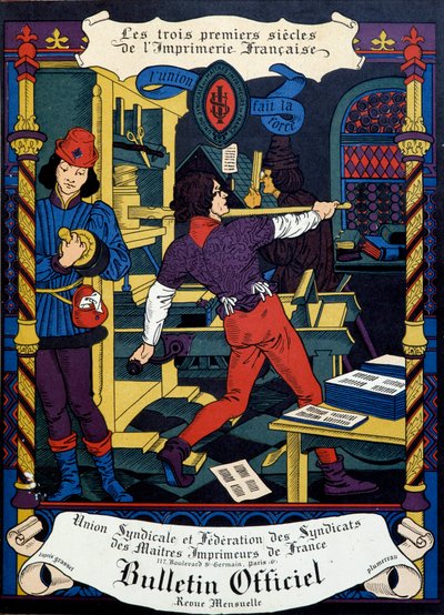 Omslagpagina van het officiële bulletin van de Union syndicale des maitres printers de France door Unknown artist