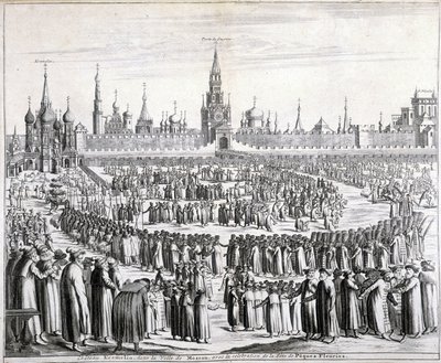 Processie van Paasbloemen voor de Heilige Verlosserpoort en het Kremlin in Moskou. Gravure uit de 19e eeuw. door Unknown artist