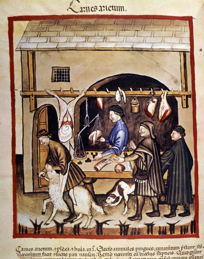 Productie en verkoop (slager) van schapenvlees. Een schaap wordt geslacht. Illustratie uit de melk van geneeskunde en dieetleer 