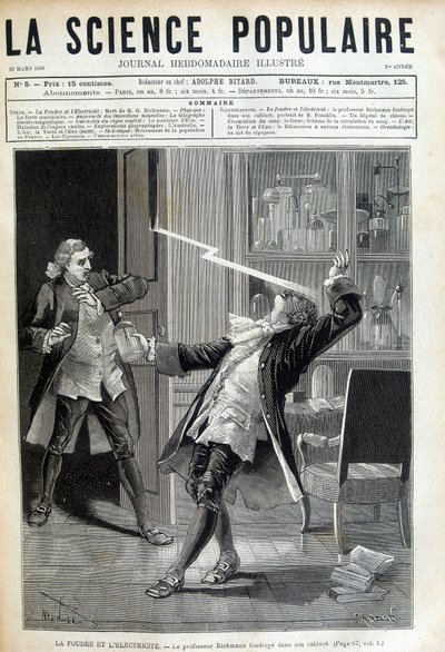 Professor Georges Guillaume Richmann (1711-1753) stierf in zijn werkplaats na een experiment met een elektrometer door Unknown artist