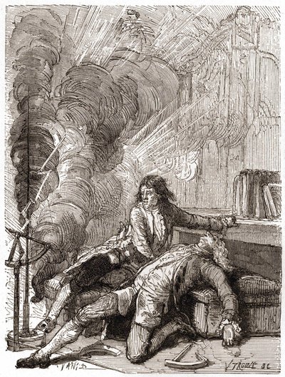 Professor Georges Guillaume Richmann (1711-1753) stierf in zijn werkplaats na een experiment met een elektrometer door Unknown artist