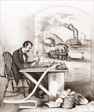 Vooruitgang van de Eeuw (19e eeuw): Morse telegrafie, Dageraadboot, Trein, enz. door Unknown artist