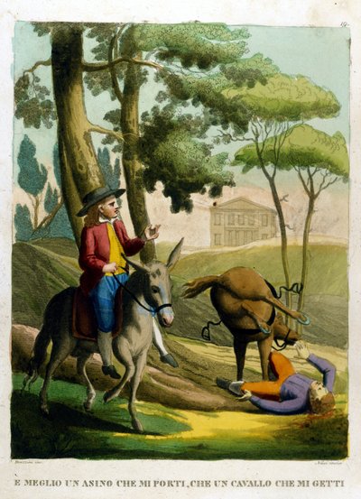Spreekwoord: Beter gedragen door een ezel dan geworpen door een paard. door Unknown artist