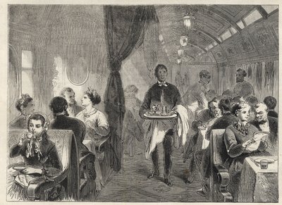 Pullman eetwagon van de Pacific Railways in 1869 - binnenkant van een hotelwagon op de Pacific Railway door Unknown artist