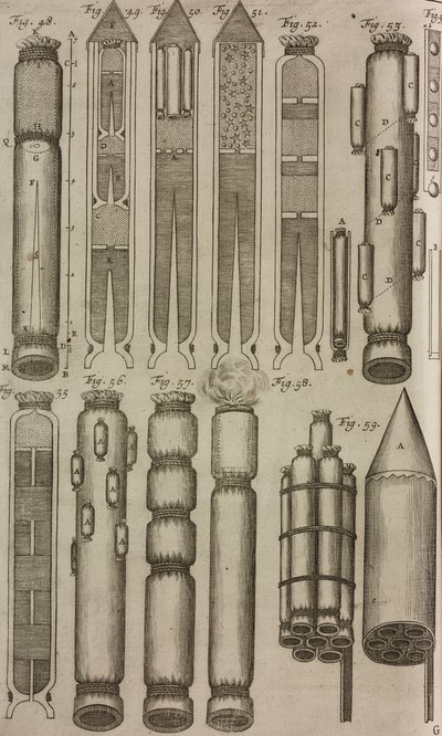 Pyrotechnische raketten en instrumenten, gravure uit Grand Art d