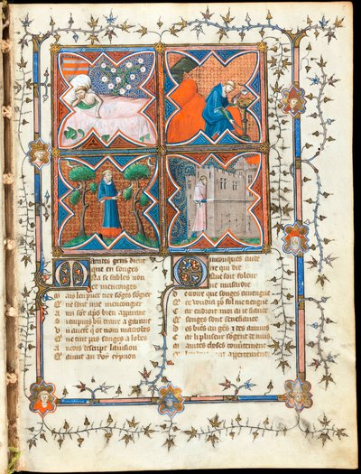 Vier mannen bezig met verschillende activiteiten, pagina uit het manuscript "Le Roman de la Rose" van Guillaume de Lorris en Jean de Meun door Unknown artist