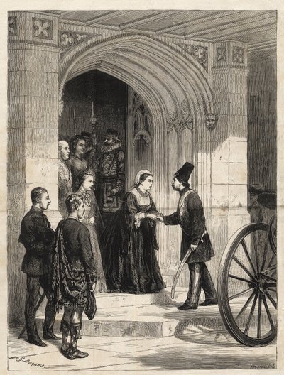 Koningin Victoria ontvangt de sjah van Perzië (Naser al-Din Shah Qajar - Nassereddin Shah Qajar) (Nasser al-Din of Nassereddin Shah, Nassiruddin Shah of Nasir al Din) (1831-1896) bij de ingang van de soeverein, Windsor Castle - 1873 - Gravure uit 