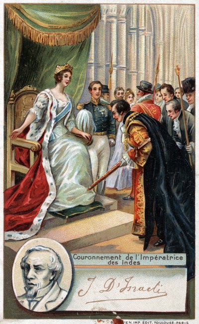 Koningin Victoria van Engeland gekroond tot keizerin van India 1877 met de steun van Benjamin Disraeli (1804-1881) Brits schrijver en politicus. Chromolithografie van de 19e eeuw door Unknown artist