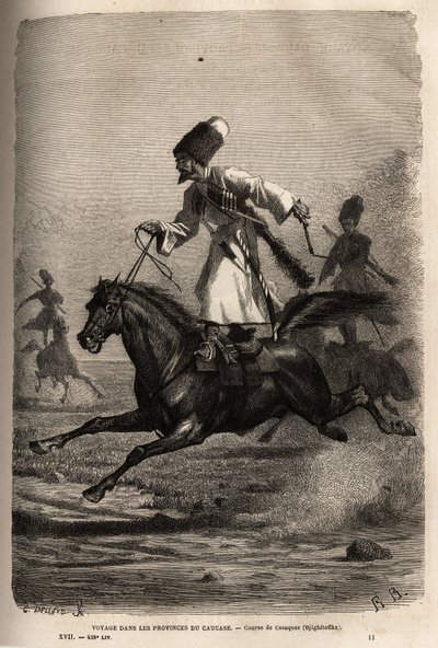 Race van Kozakken, balancerend op hun zadel, ruiters slaan hun paarden om ze te laten galopperen. Gravure ter illustratie van de reis in de provincies van de Kaukasus, door Basile Vereschaguine, in 1864-1865, gepubliceerd in 