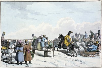 Race van tanks en paarden in Rusland - gravure door Unknown artist