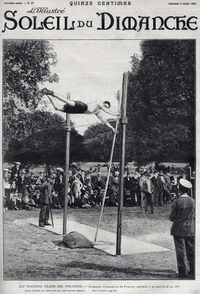 Racing Club van Frankrijk. Sheldon, kampioen van Frankrijk, springt 2,95 m om een sprong te maken. Gravure in 