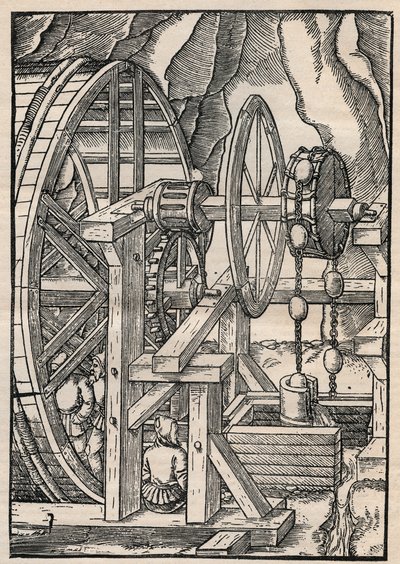 Rag-and-chain pomp voor het leegpompen van een mijn bediend door mannen in tredmolen. Uit Agricola (George Bauer) De re metallica, Basel door Unknown artist