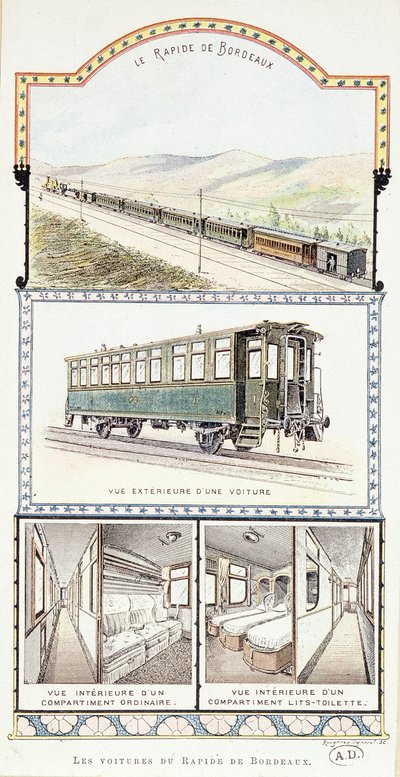 Spoorwegen van Orléans: buiten- en binnenaanzichten van Bordeaux Rapid-wagens door Unknown artist